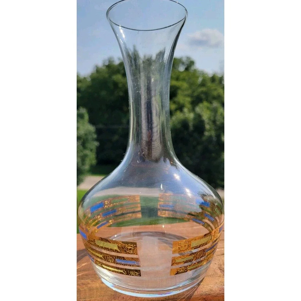 Vintage Culver 22k Gold Blue Empress Glass Carafe Decanter MCM Blue Green Retro